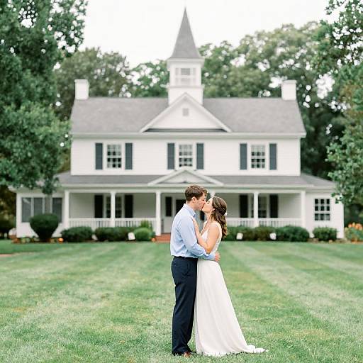 Photograph of a bride in a white strapless dress and groom in a light blue shirt and black pants kissing in front of a white colonial-style house