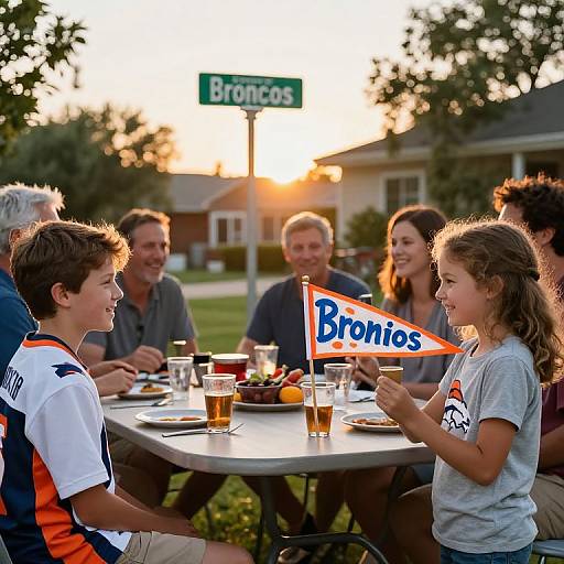 Family outdoor dinner at sunset, girl holding 