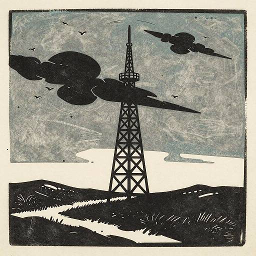 Expressionist Woodcut Radio Tower Scene