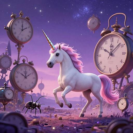 Digital artwork of a white unicorn with a pink mane and tail, prancing amidst floating vintage clocks under a starry, twilight sky. An ant sc