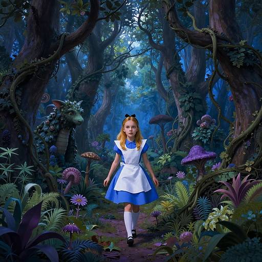 Photorealistic digital art of a blonde girl in a blue and white Alice dress, walking through a vibrant, enchanted forest with mushrooms and a dragon in