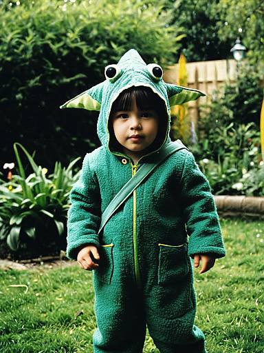 Toddler in Green Pascal Costume Outdoors