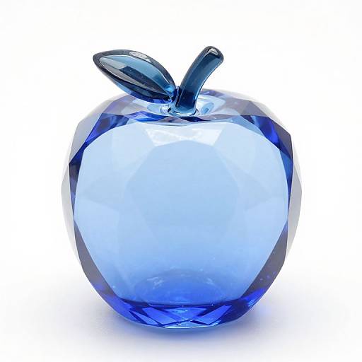 Photograph of a transparent, blue glass apple with a dark blue stem, featuring geometric facets and a bright, glowing interior.