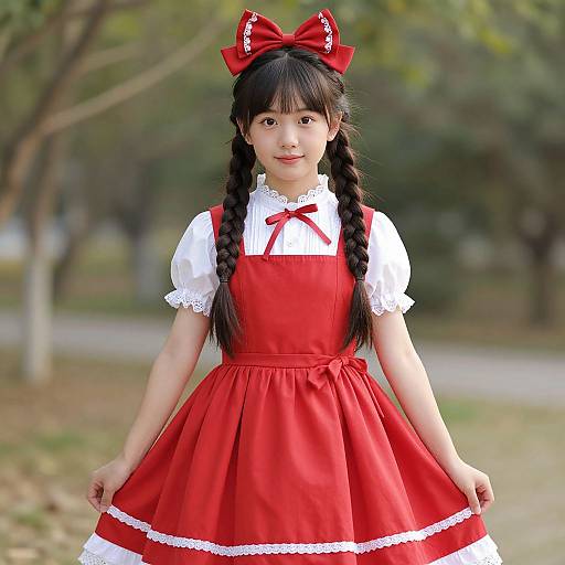 Photograph of an Asian girl with long black braids, wearing a red dress with white trim, red bow headband, and white lace blouse,