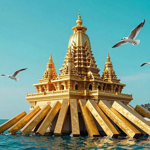 Golden temple with multiple domes and wooden supports, surrounded by blue sea and flying seagulls under a clear sky.
