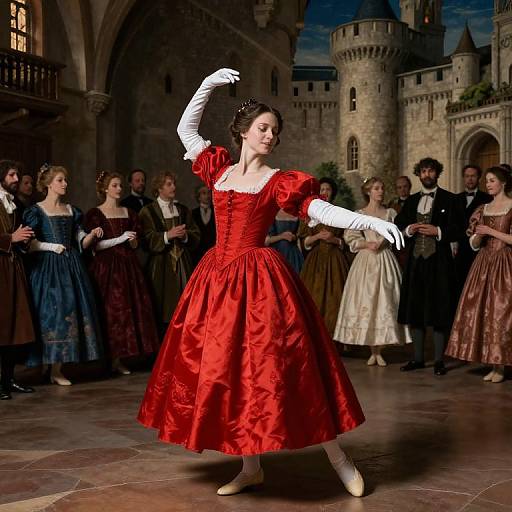 Photograph of a ballroom scene: a woman in a vibrant red, 18th-century dress with white gloves and corset performs a dance,