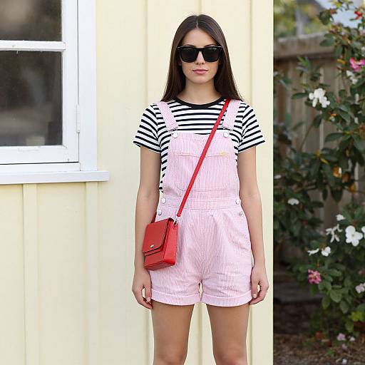 Photograph of a young woman with long brown hair, black sunglasses, white and black striped shirt, pink pinstripe overalls, and red cross