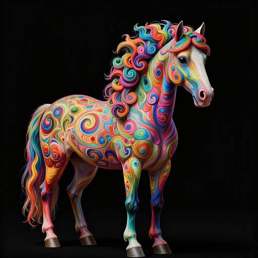 Vibrant, digitally-rendered unicorn with multicolored, swirling patterns in neon hues of red, blue, yellow, and green, standing against