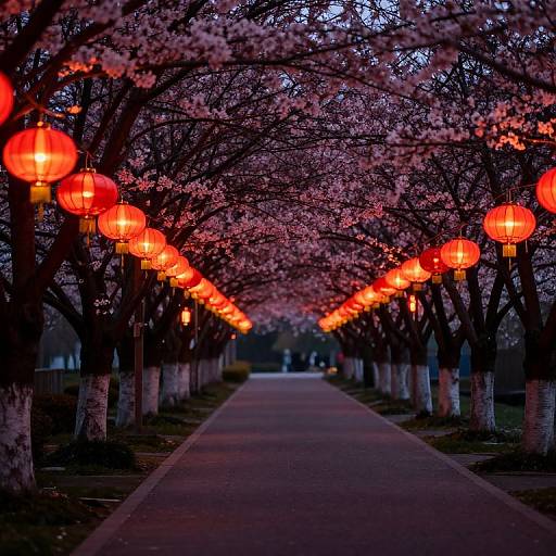 Photograph of a cherry blossom-lined path at dusk, illuminated by vibrant red lanterns hanging from trees, creating a romantic, symmetrical scene.