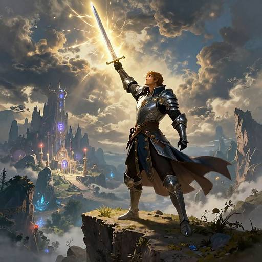 Digital fantasy artwork: Armored knight with glowing sword stands on cliff, dramatic clouds, mystical castle, and glowing runes in the background.
