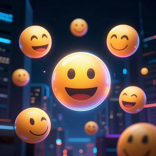CGI image of glowing, orange, smiley face emojis floating in a neon-lit, futuristic cityscape at night. Background includes blurred skyscrap