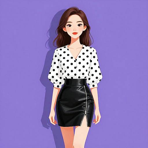 Chic Woman in Polka Dot Blouse and Leather Skirt
