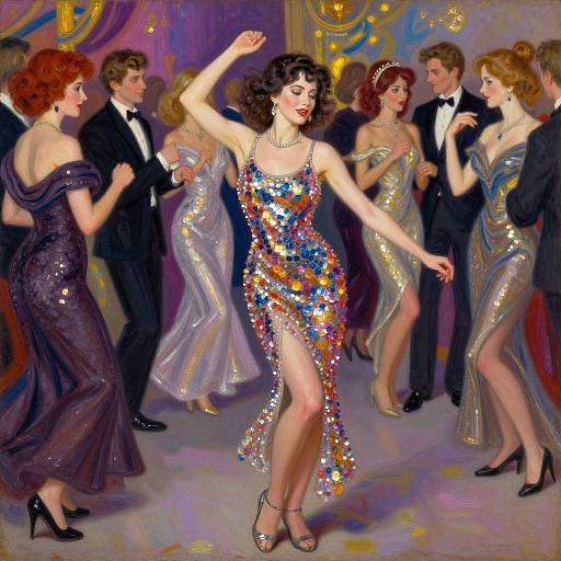 A vibrant, impressionistic painting of a glamorous ballroom dance, featuring a woman in a sparkling, star-patterned dress at center, surrounded by eleg