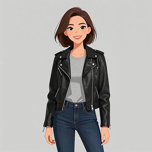 Digital illustration of a smiling woman with shoulder-length brown hair, wearing a black leather jacket, gray tee, and blue jeans, standing against a white background