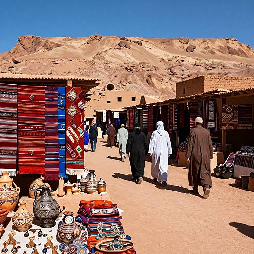 Photograph of a bustling desert market with colorful, patterned pottery and textiles, six men in traditional white and black robes, and sandy, rocky hills