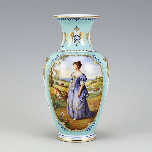 Ornate porcelain vase with blue and white glaze, featuring a detailed painting of a Victorian woman in a blue dress, standing in a rural landscape