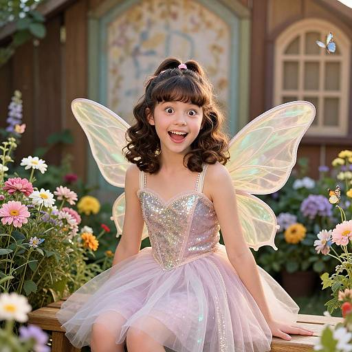 Photograph of a delighted Asian girl in a sparkly fairy dress and translucent wings, sitting in a colorful flower garden.