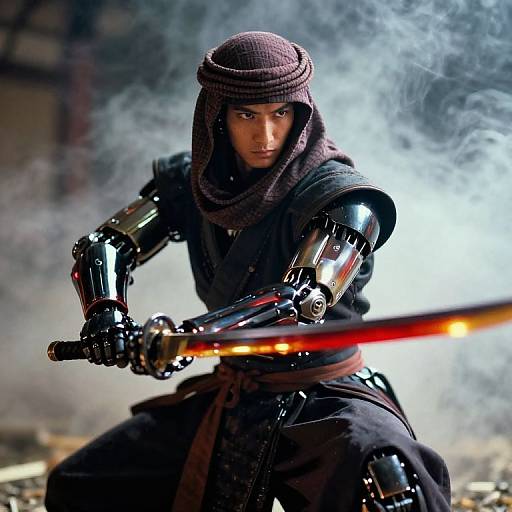 Cyborg ninja with metallic arms, dark hood, and glowing red sword, amidst smoke, ready for battle. Photorealistic CGI.