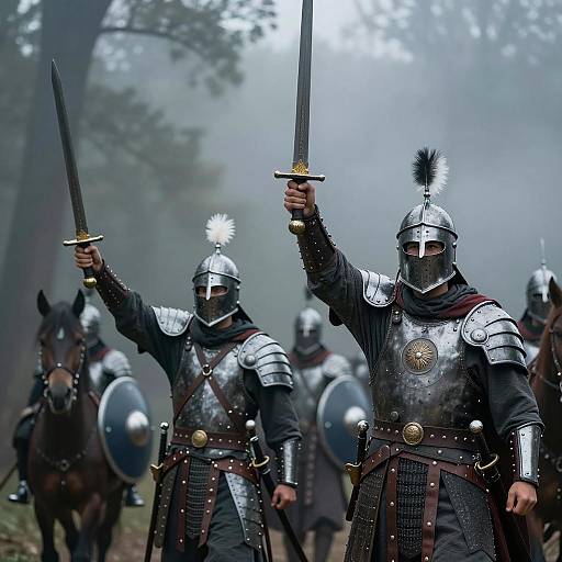 Epic Battle Scene in Misty Forest