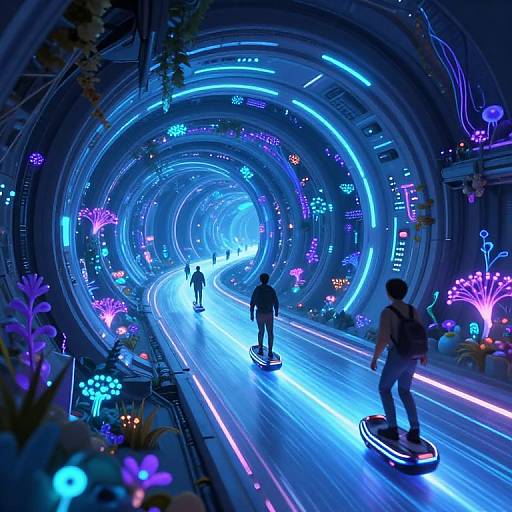 Neon-lit futuristic tunnel with glowing blue and purple lights, three people riding hoverboards, surrounded by vibrant, illuminated plants. Digital artwork.