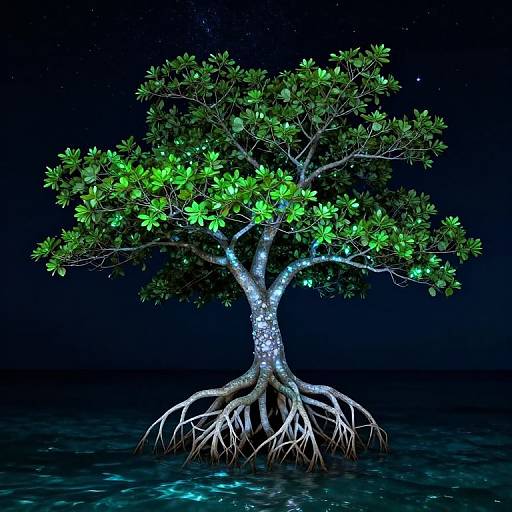 Digital illustration of a glowing, green-leaved tree with luminescent trunk and roots, standing in dark, starry water.