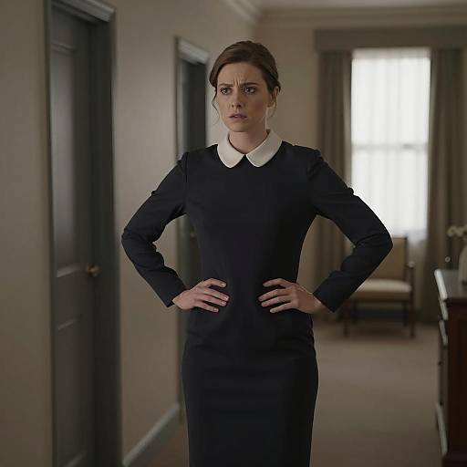 Mysterious Woman in Dim Hallway