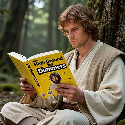 Photograph of a young, brown-haired man in a beige Jedi robe, sitting against a forest tree, reading 