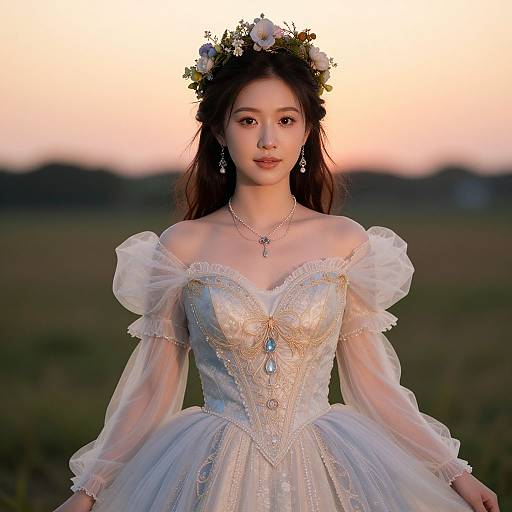 Photograph of an East Asian woman with fair skin, wearing a white, off-shoulder, lace and pearl-embellished ball gown,