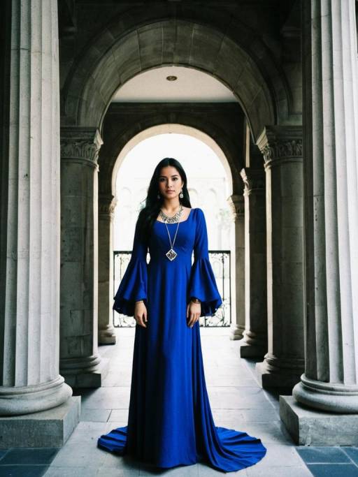 Woman in Blue Gown Under Stone Arch