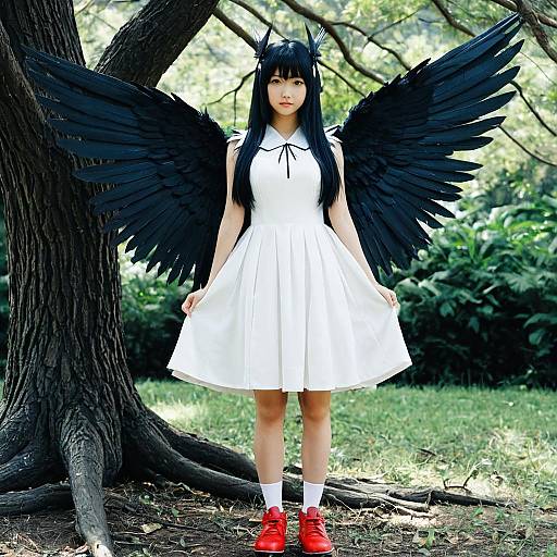 Girl in White Dress with Black Wings Costume
