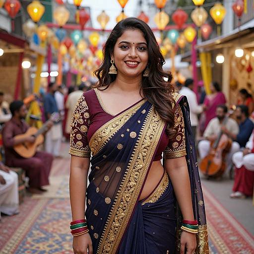 Photograph of a smiling Indian woman in a black and gold traditional saree, standing in a colorful, festive street market.