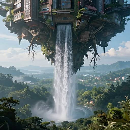 Serene Floating City with Upside-Down Waterfalls