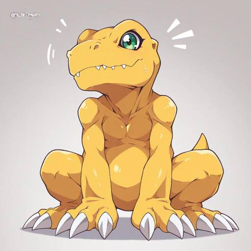 Illustration of Agumon, digimon in the style of Kukie-nyan