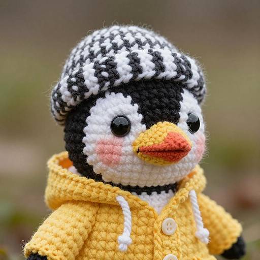 Photograph of a crocheted penguin with black and white speckled head, pink cheeks, orange beak, and yellow hoodie, against