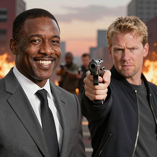 Two Men in Action with Gun and Fire Background