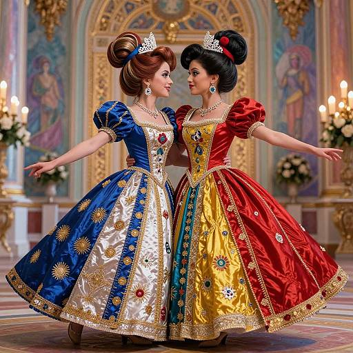 Two fairytale princesses in vibrant blue, red, and yellow ball gowns with gold trim, tiaras, and jewelry, dance gracefully in