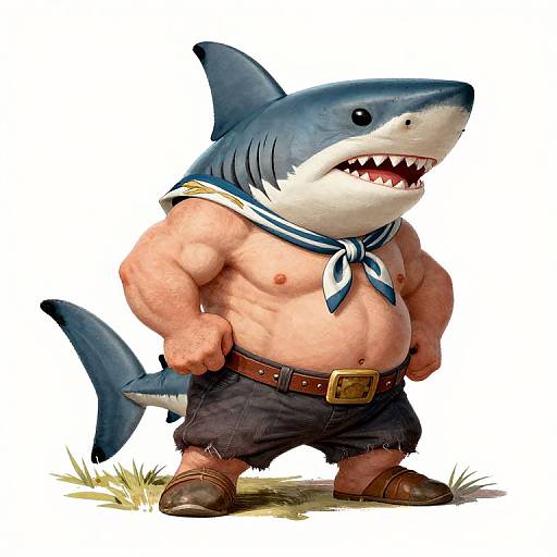 Cute cartoon shark with human body, muscular, shirtless, sailor neckerchief, brown belt, black shorts, and brown boots, standing on