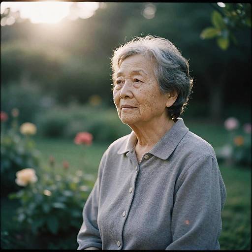Photograph of an elderly Asian woman with short gray hair, wearing a gray button-up shirt, standing in a sunlit garden with blurred flowers in the