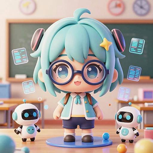 Chibi Anime Character in Futuristic Classroom