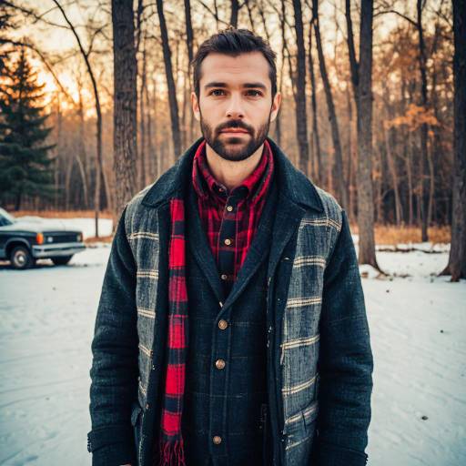Slim Man in Winter Outfit with Buffalo Plaid Coat