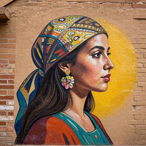 Stylized mural of a dark-haired woman in profile, wearing a colorful, patterned headscarf, flower earrings, and orange top, against