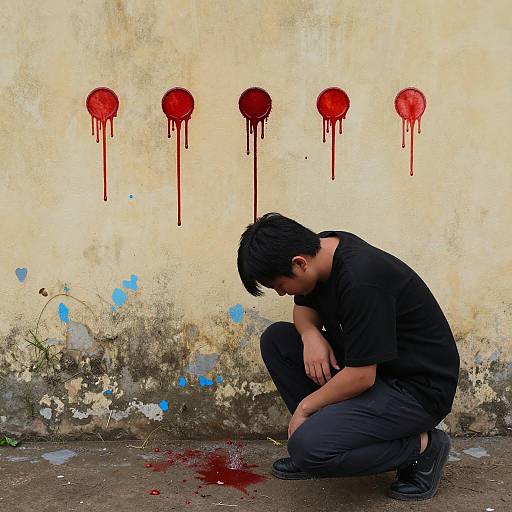 Man Crouching by Blood-Stained Wall