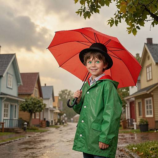 Photograph of a young boy with green eyes, brown hair, and fair skin, holding a red umbrella, wearing a green raincoat, standing on