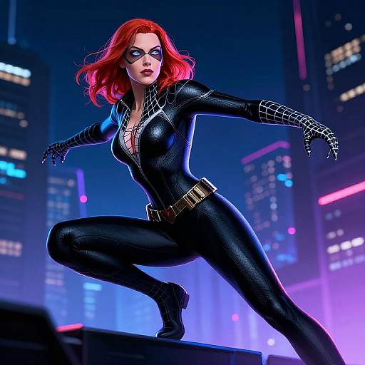 CGI image of a red-haired, masked woman in a black, form-fitting, spider-web patterned suit, crouching in a neon