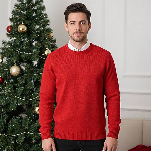 Man in Red Sweater by Christmas Tree