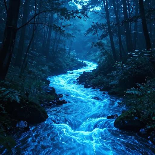 Photograph of a mystical, bioluminescent forest stream with glowing, electric blue water flowing through dark, dense trees and foliage.