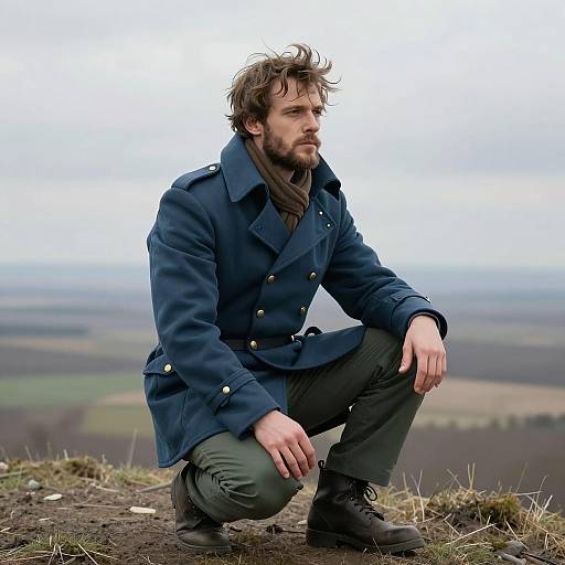Man in Military Coat Crouching on Hilltop