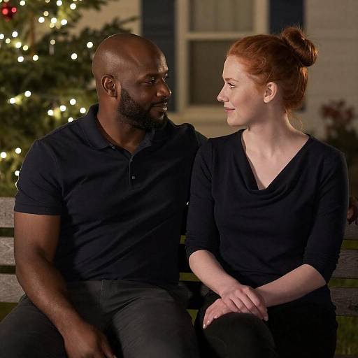 Nighttime Outdoor Couple with Christmas Lights