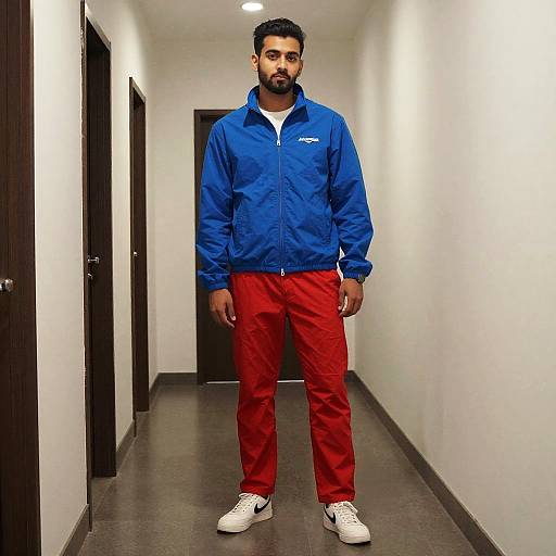 Man in Blue Jacket and Red Pants in Hallway