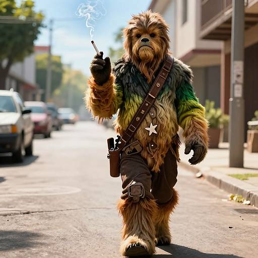 Photograph of a person in a Chewbacca costume smoking a cigarette, walking down a sunny urban street with cars parked on both sides. Costume includes